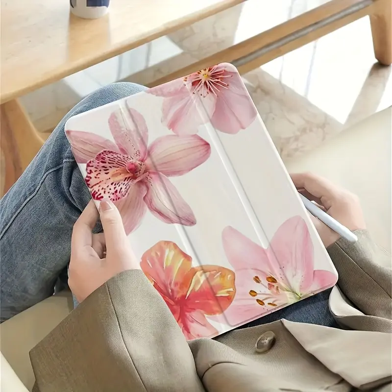 Pink Lily Floral Pattern Foldable Flip Stand Pen Holder Tablet Case, Anti-Drop Protection Casing, Non-Slip Adjustable Drop-Proof Cover for iPad mini, Air, Pro 10th/11th Gen - Tablet Computer Accessory, Electronics Accessory, Accessories