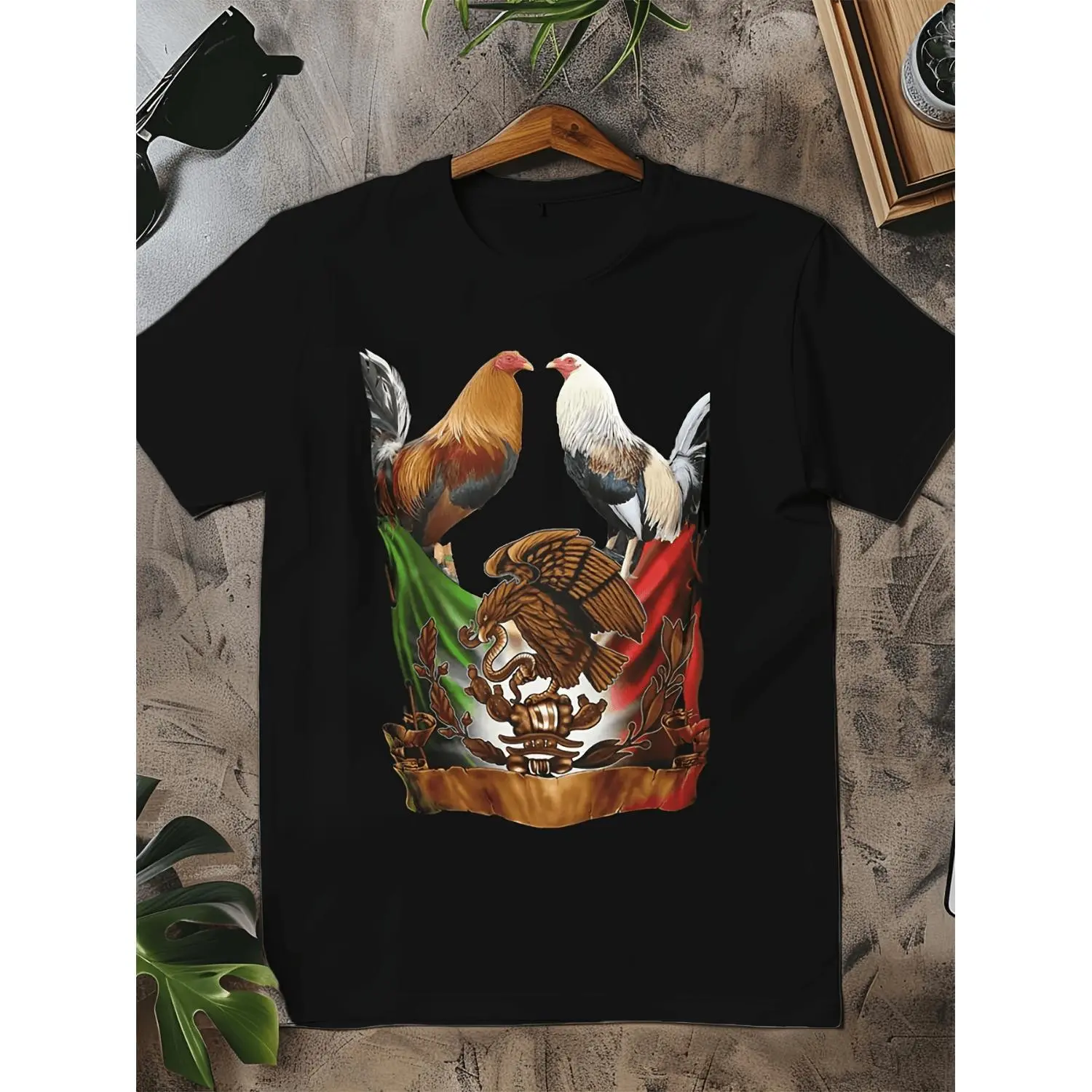 Humorous Printed Short Sleeve Cotton T shirt Featuring Three Roosters Mexican Emblem Design Comfortable Casual Crew Neck Top Suitable for Men Outdoor Activities