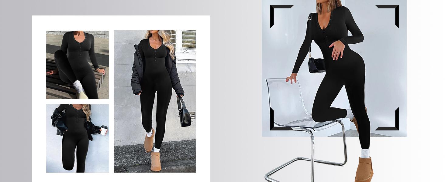 FeelinGirl Women's Long Sleeve V-neck Bodycon Jumpsuit One-piece Seamless Ribbed Romper  Long Skinny Pants Bodysuit Lady dealsforyoudays