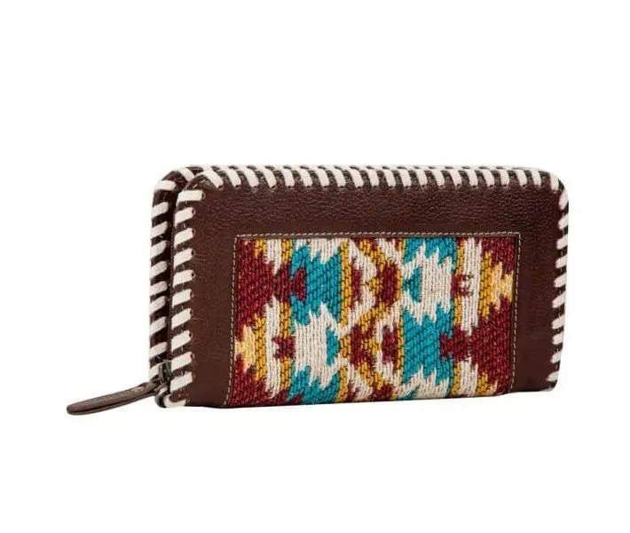 Loom-Woven Rug & Genuine Leather Wallet for Women, Stylish Western Zippered Clutch with Multiple Compartments, Casual Trendy Wallet, Stylish Wallet