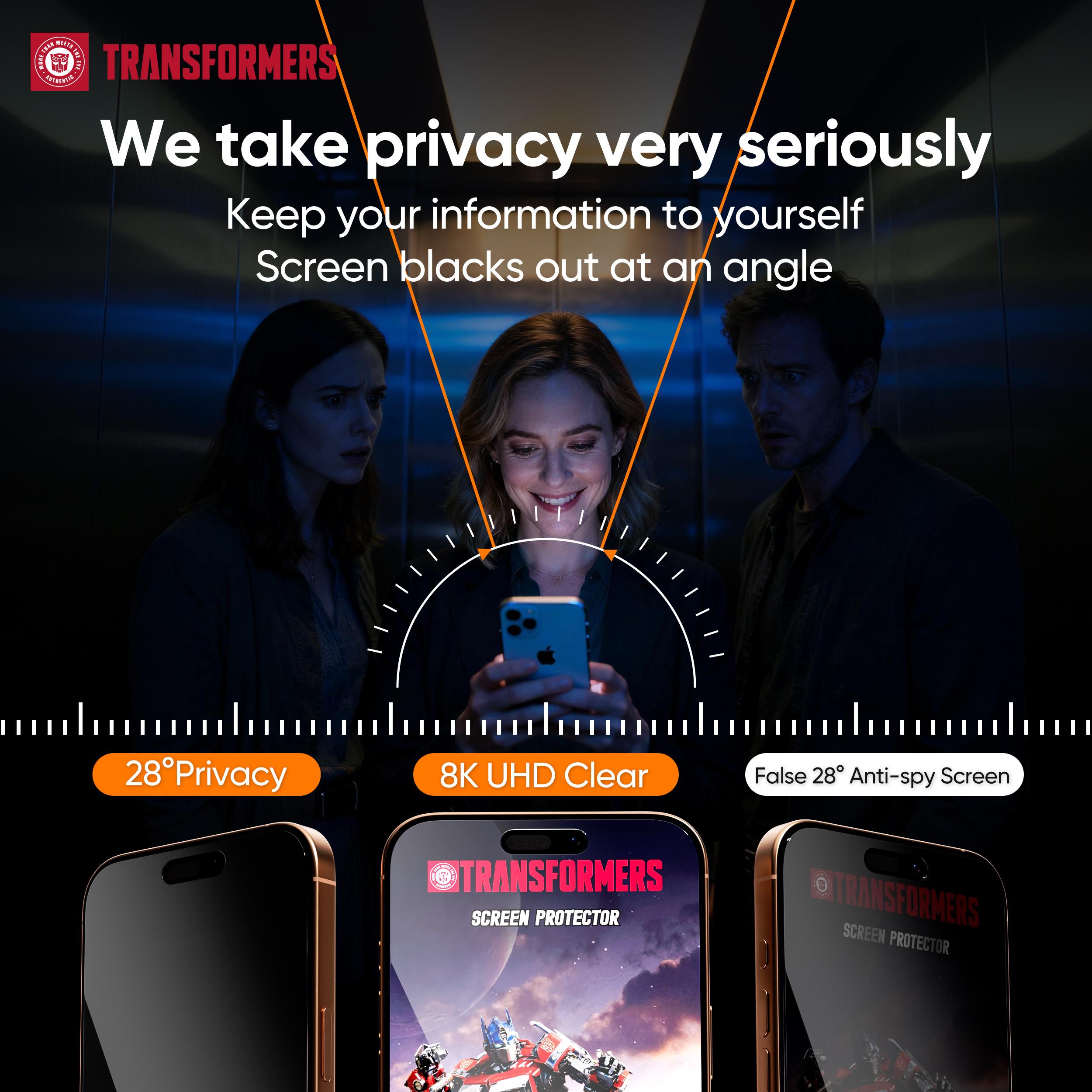 TRANSFORMERS Privacy Screen Protector Set,Screen protectors for iPhone, offering privacy protection, automatic dust removal during installation, bubble-free application, high-definition clarity, and easy installation.