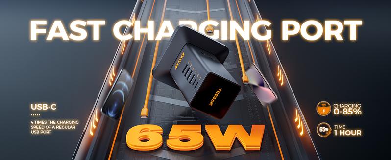 Tessan Desk Charging Station for Multiple Devices, 65W Ex-Fast Charging, 6 Port GaN USB Fast Charger Tower, Type C Desktop Charger Hub