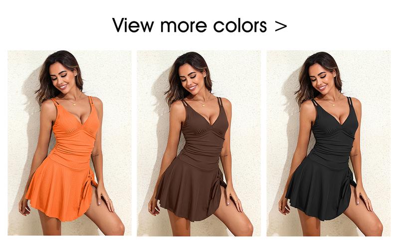 Aleumdr Ribbed One Piece Swimdress Swimsuits for Women Tie Knot Swim Skirt V Neck Bathing Suit Sport Swimming Clothing Beach Side Slits Summer Swimoutfit