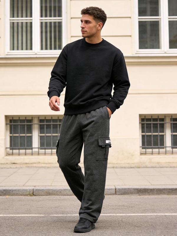 Men's Heavyweight Fleece Cargo Sweatpants Loose Fit Tactical Exercise Fitness Multi-Pocket Baggy Jogger Casual Fleece Pants for Everyday Wear