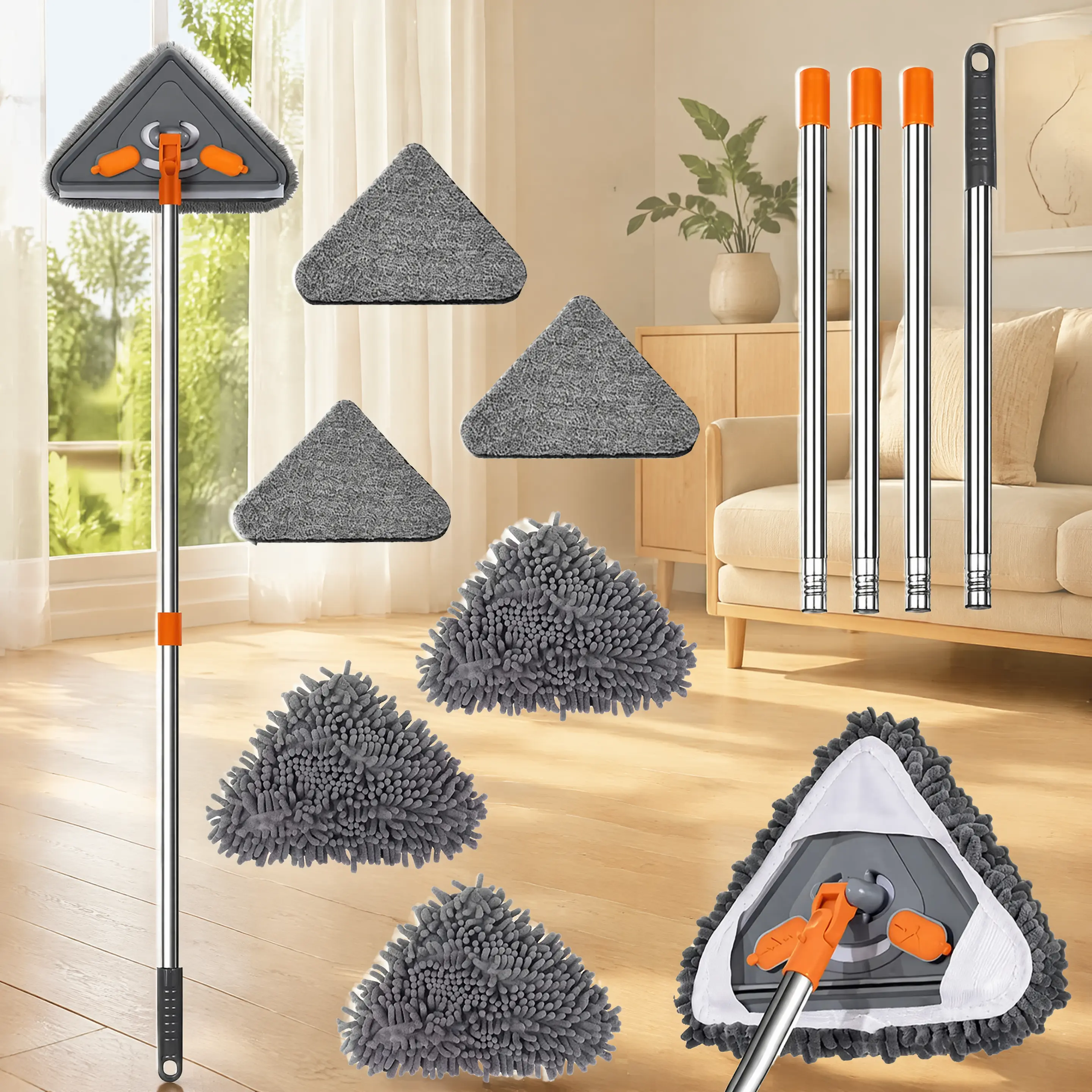 Triangle Wall & Ceiling Cleaning Mop with Long Handle - 360° Rotatable Corner Cleaner, 3 Chenille Pads, 3 Microfiber Pads, Essential Cleaning Tools You Need, Long Handle Mops, Wallmop, Ceiling‑Wall Clean
