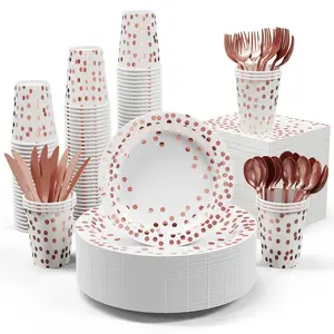 Black/White/Pink 175 or 350pc set  Disposable Plates and Tableware Set: Dinner Plates,Dessert Plates,Cups,Napkins,Knife,Forks,Fpoons-Perfect for Party Weddings Celebrations Reusable |BPA Free