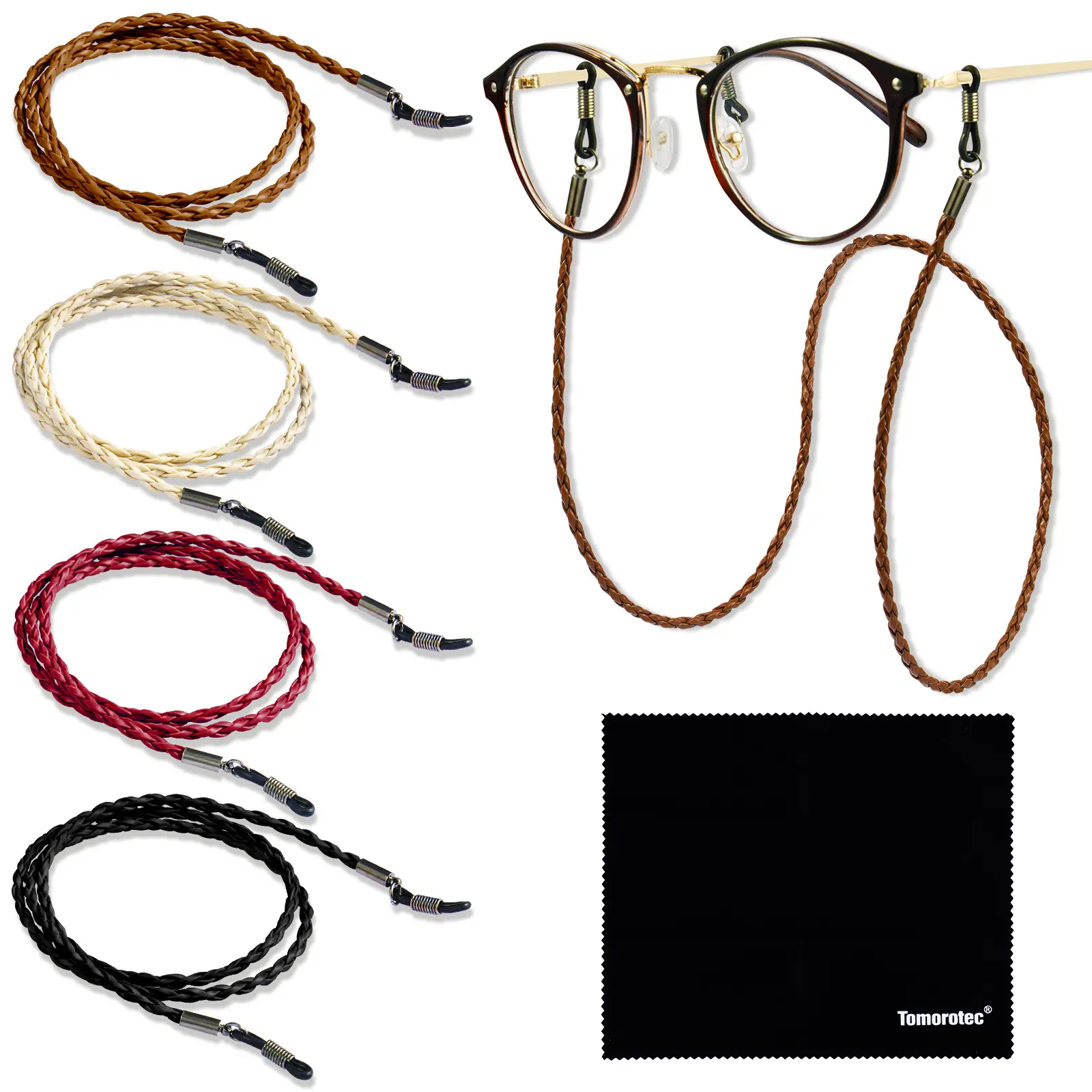 Tomorotec 4-Pack Premium PU Leather Eyeglass Holders Around Neck - Aphlos Unisex Retainer, 13in, Loop, Metal Clip Fastens With Confidence, Strong Metal Clasp, Universal Compatibility, Business/Daily Use, Fashion Eyewear Lanyard, Glasses Lanyard
