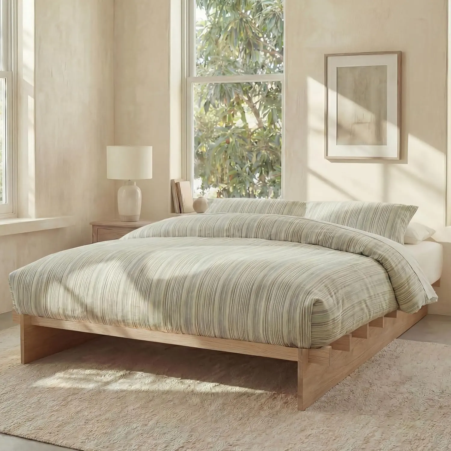 Wood Platform Bed Frame, Queen Size Platform Bed Frame with Wooden Slats, 10 Min Tool Free Assembly, Japanese Joinery, 8" Under-Bed Storage, No Box Spring Needed, Noise Free, (Natural Oak, Walnut) (Queen, King)