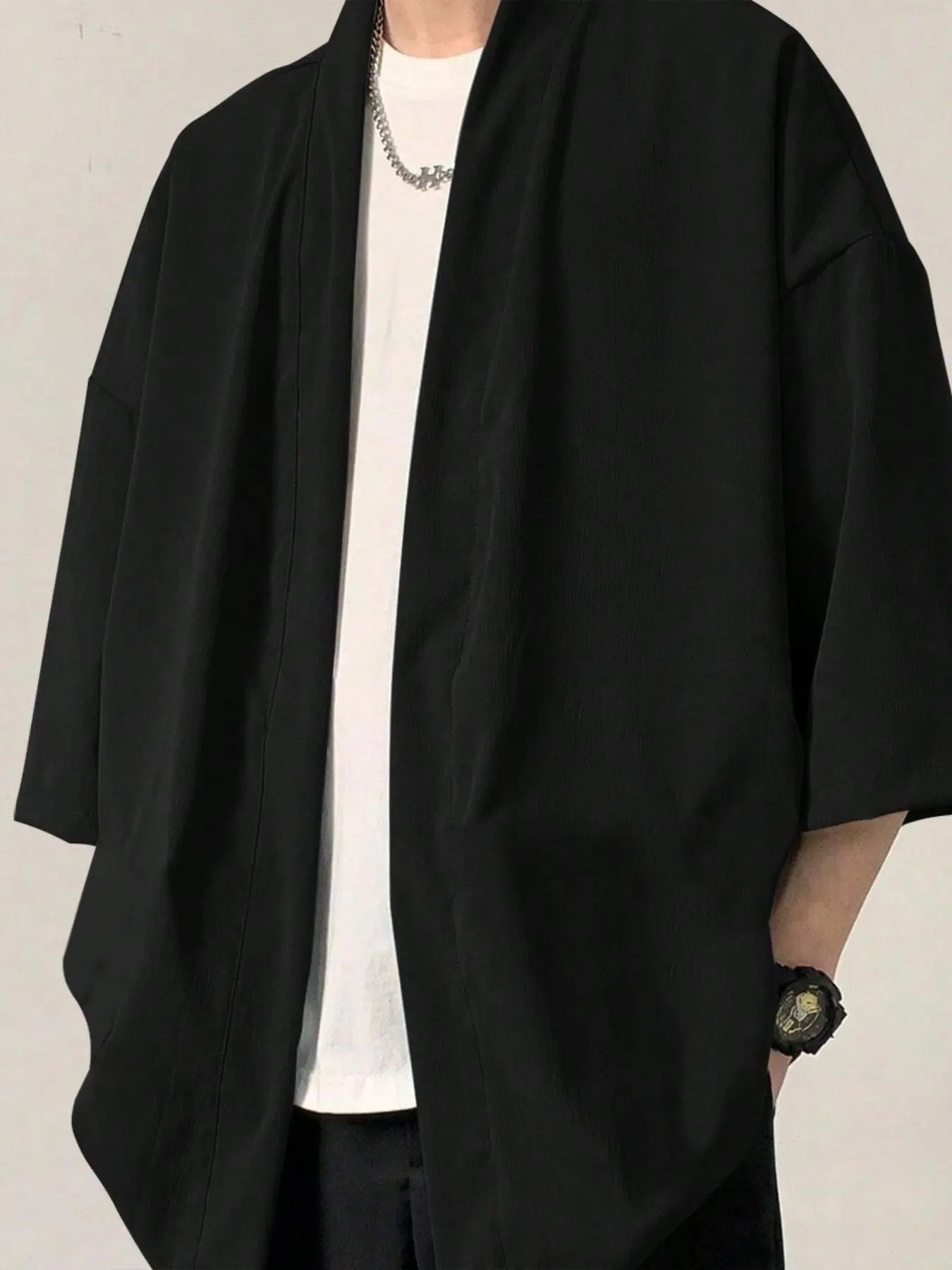 Men's Japanese Streetwear Kimono Cardigan | Casual Minimalist Open Front Noragi Jacket with 3/4 Sleeves | Lightweight Oversized Loose Fit Summer Layering Top | Aesthetic Solid Black Zen Style Yukata Coat Cardigan Sweater