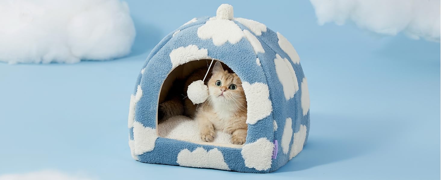 LESURE Cute Cat Beds for Indoor Cats - 2 in 1 Cat Cave Bed with Removable Washable Cushioned Pillow, Cozy Cat Tent House Design Pet Supplies Portable Blanket, Valentine’s Day Choice