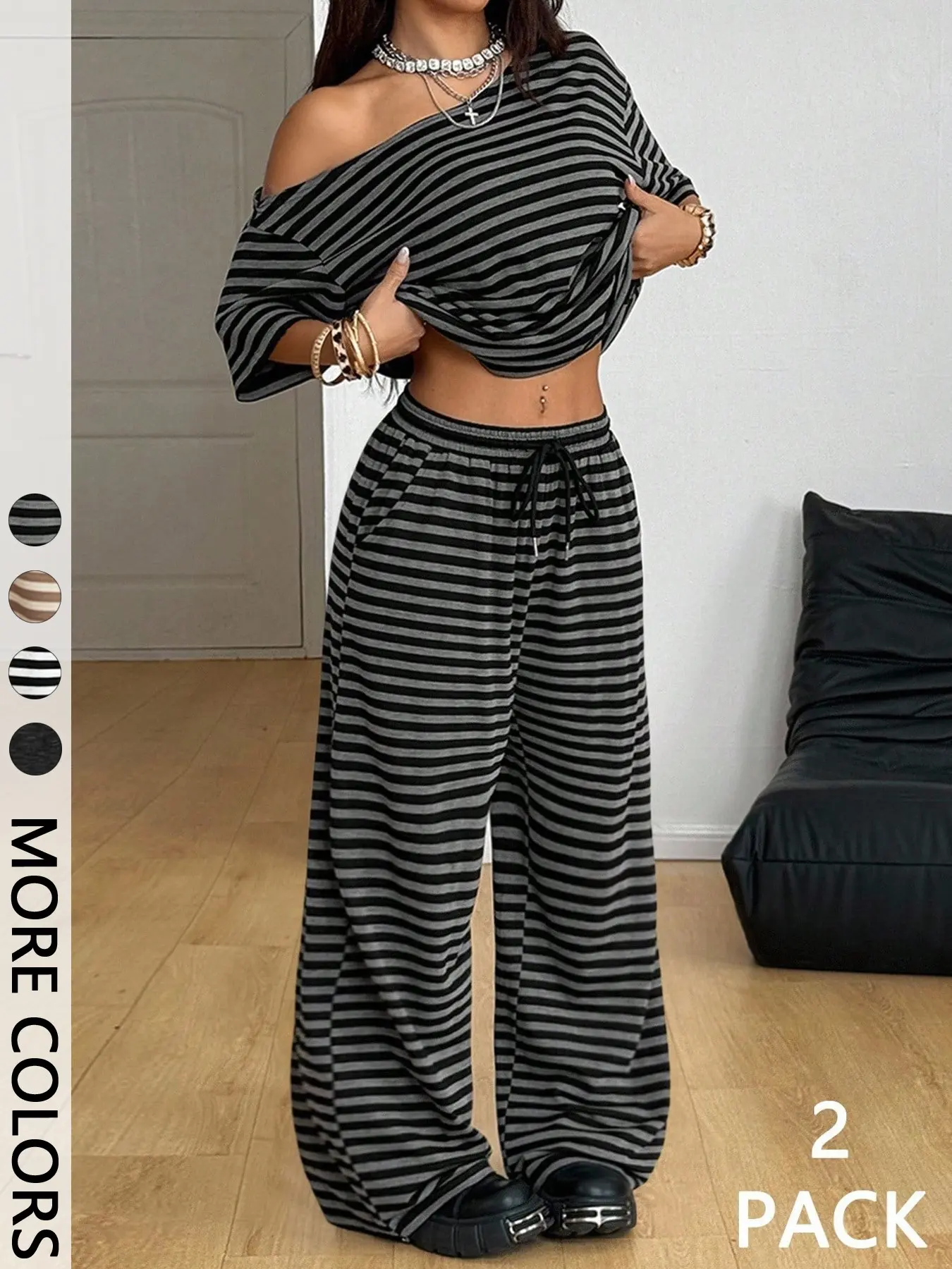 Women's Asymmetrical Neck Relaxed-Fit Striped Knit Top & Pocketed Wide Leg Pants Set, Ideal for Casual Meetups, Weekend Lounging and Travel Days, Two-Piece Outfit, Striped Loungewear Set, Comfy Loungewear Set