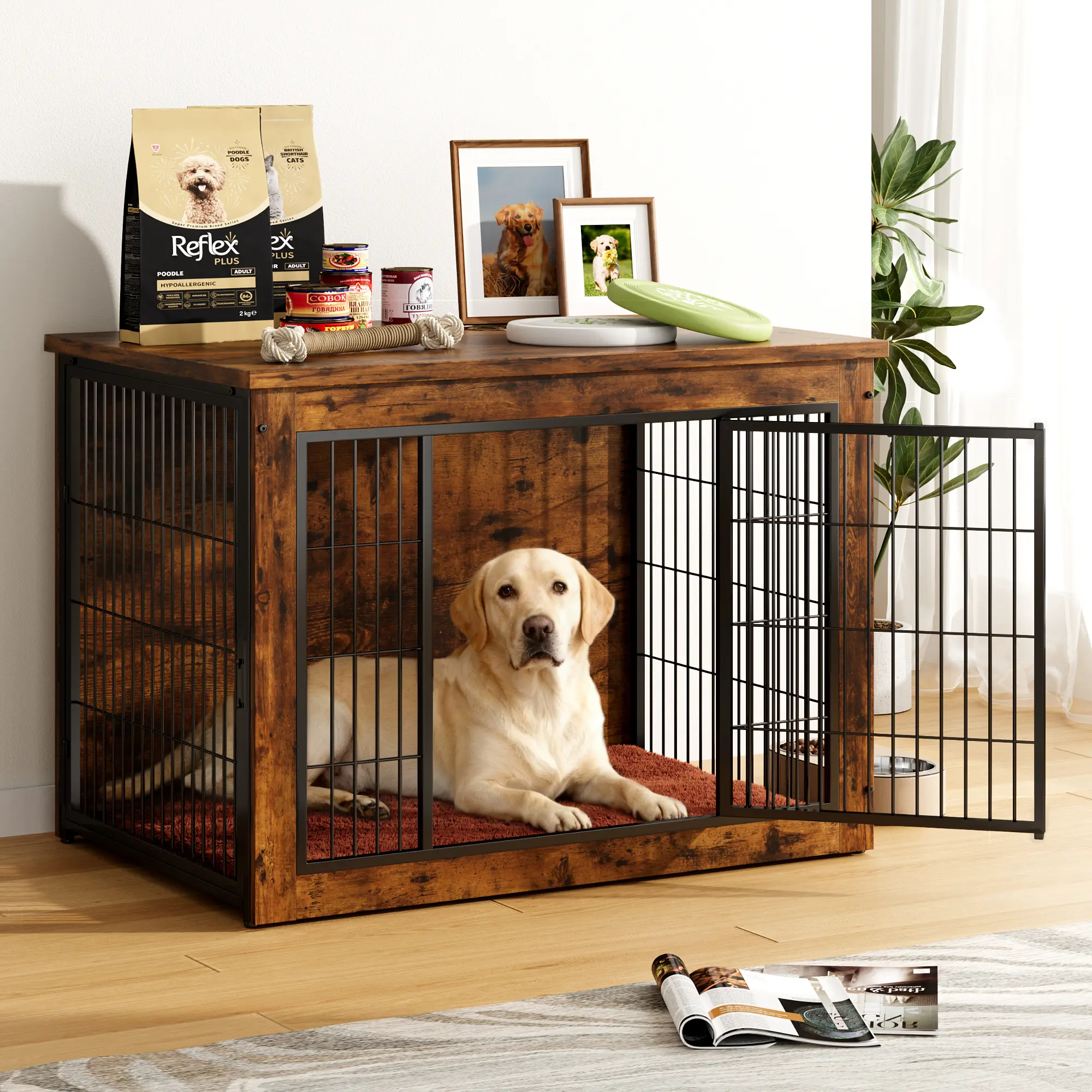 Warcat Dog Crate Furniture with Thick Cushion, Side End Table Wooden Dog Cage with Double Doors, Chew-Resistant Dog Kennel Dog House Indoor for Small to Large Dog #tiktokshopsummersale #summersale
