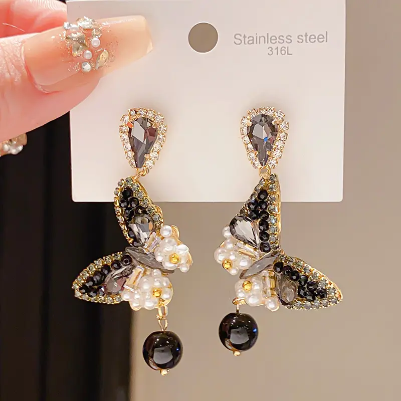 Women's Dark Style Luxury Zircon & Faux Pearl Butterfly Water Drop Dangle Earrings - Jewelry Design with Bling Effect, Personalized High-End Costume Jewelry for Accessory Goals