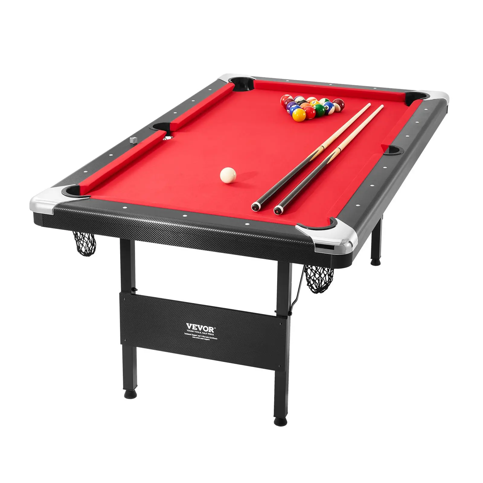 VEVOR Billiards Table,  6.3 ft Pool Table, Portable Foldable Space-Saving Table, Billiard Table Set Includes Balls, Cues, Chalks and Brush, Black with Red Cloth, Perfect for Family Game Room Kid Adult