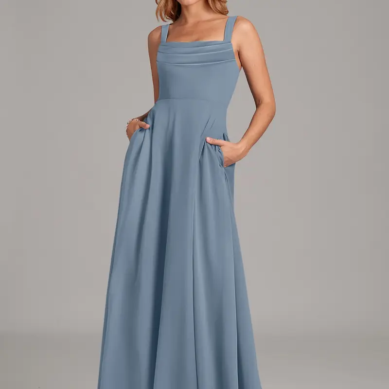 AZAZIE Women's Cowl Neck Chiffon Bridesmaid Dress, A-Line Sleeveless Pleated Formal Party Gown with Pockets sohochic