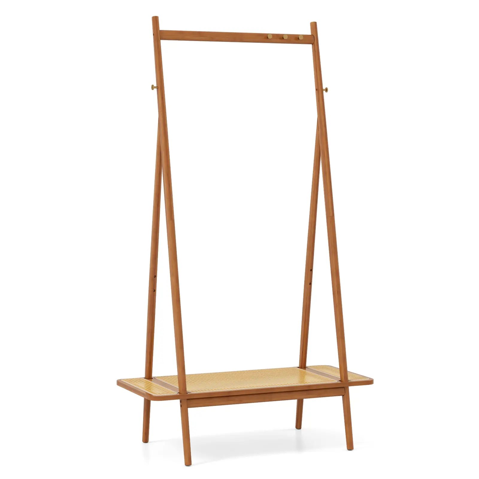 COSTWAY - Bamboo Clothes Rack with Hanging Rod Rattan Shelf and Copper Hooks-Brown