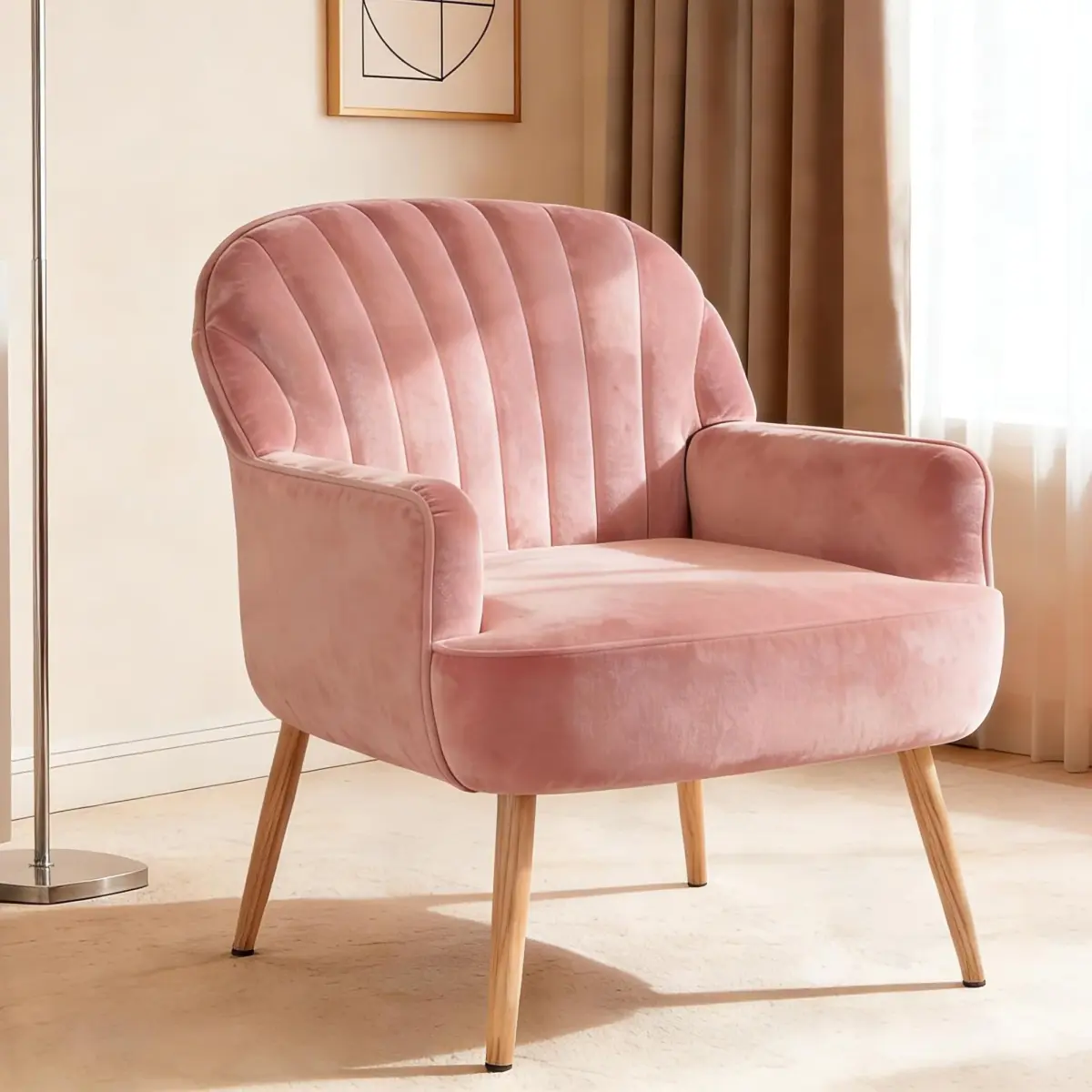 [Bellemave]Velvet Accent Chair, Modern Upholstered Living Room Chairs, Luxury Single Sofa Armchair with Metal Legs, Comfy Barrel Chairs for Living Room, Waiting Room, Bedroom, Office and Cafe, Pink