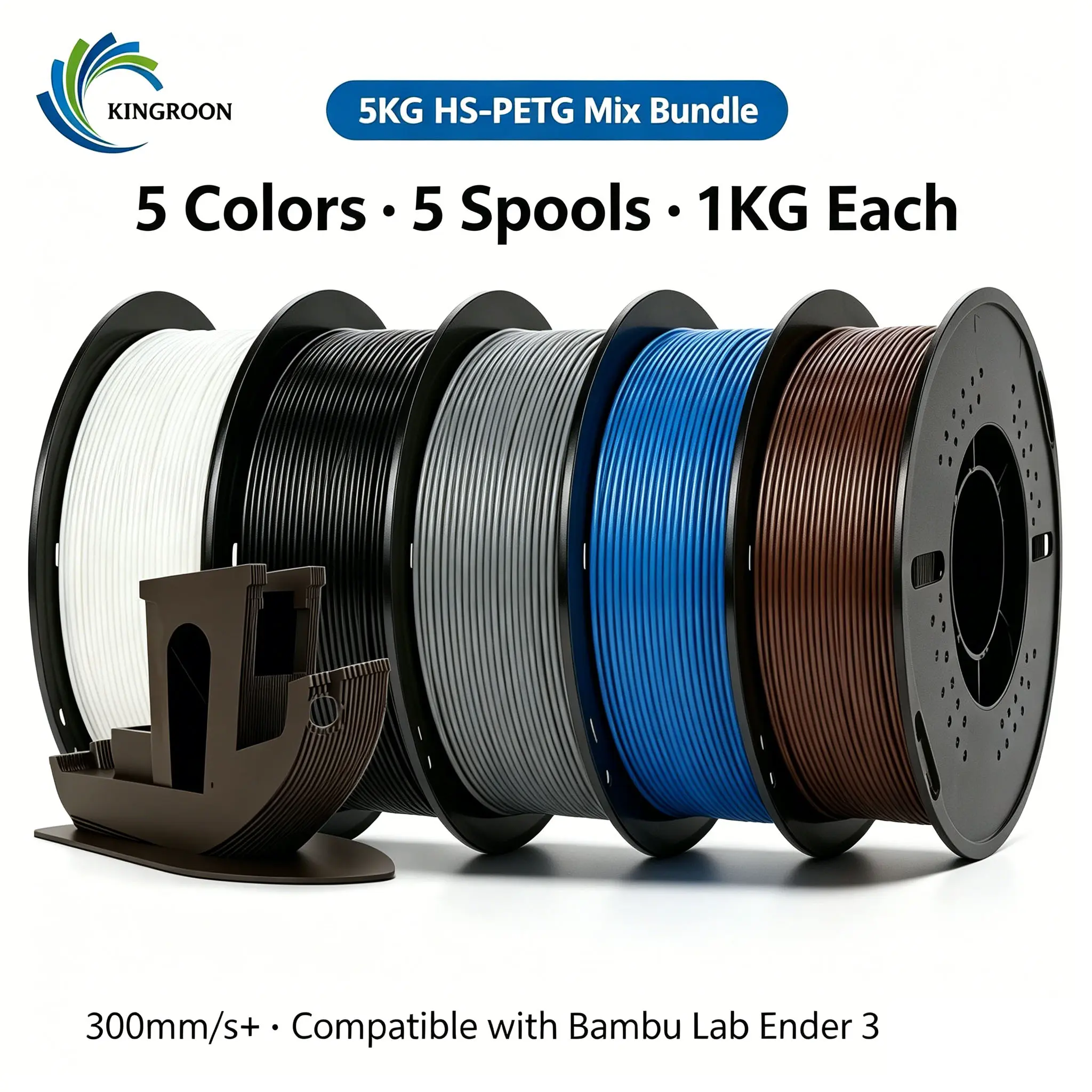 KINGROON HS-PETG filament, 1.75 mm diameter, 5 kg pack (includes 3 rolls, each 1 kg); KINGROON HS-PETG filament, 1.75 mm, 5 kg bundle — 300 mm/s+ high speed, 3 rolls (1 kg each), 3D filament black/white/gray, compatible with Bambu Lab