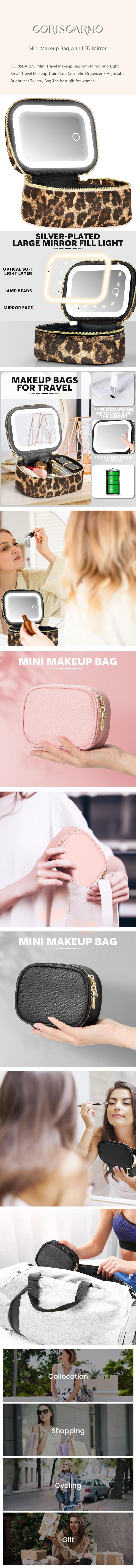 Small Makeup Bag Travel Train Case with Mirror and Light Mini Travel Make up for Women Train Case Cosmetic Organizer 3 Adjustable Brightness Toiletry Bag Portable Artist Storage