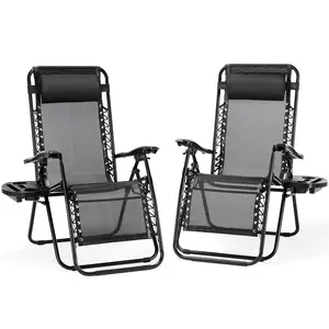 Outdoor Zero Gravity Chairs, Set of 2 Portable Recliner Beach Camping Patio Outdoor Folding Lounge Chair with Cup Holder Trays and Adjustable Pillow