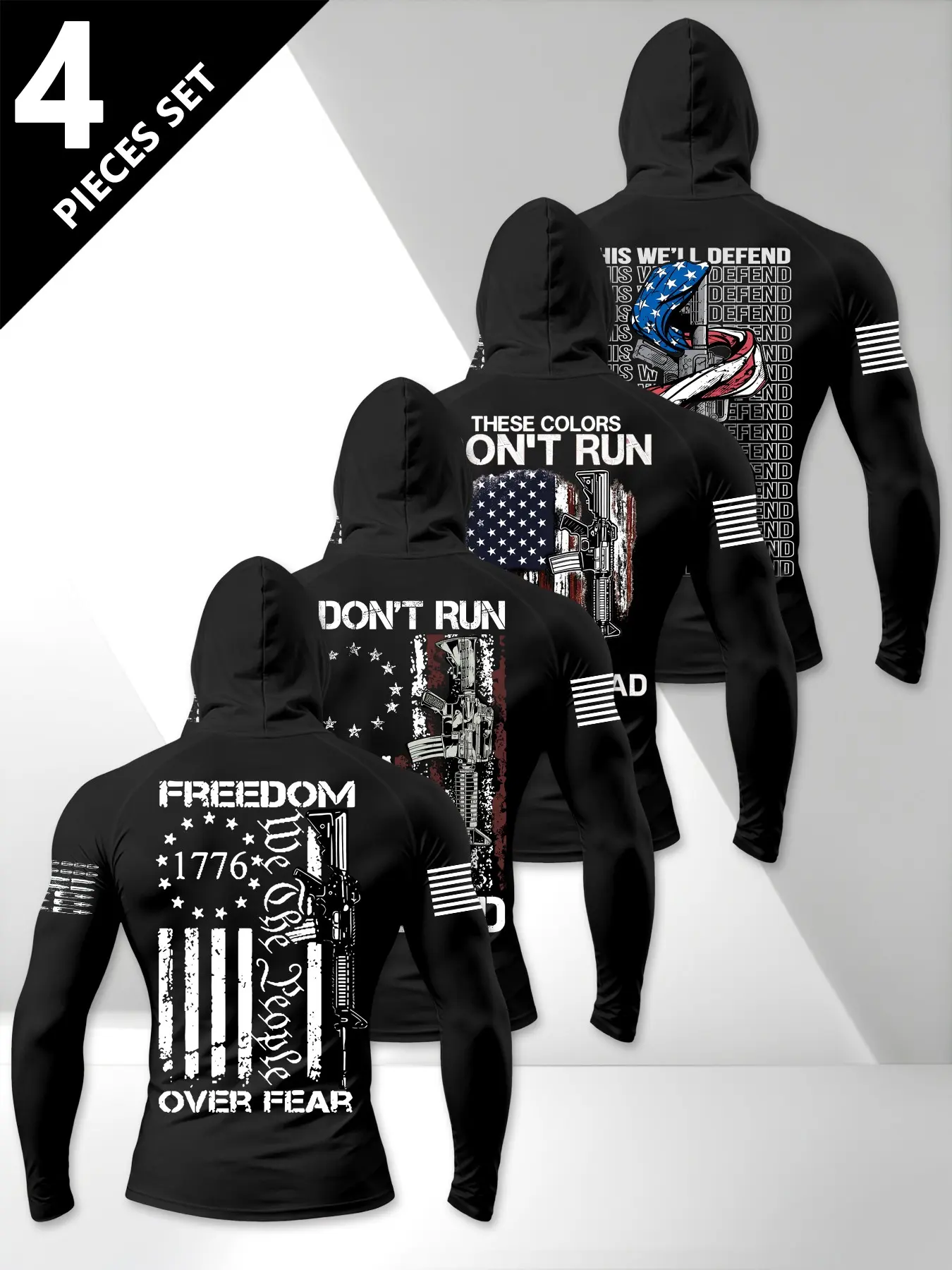 American Patriotic Men's Sporty Athletic Apparel Sports Breathable Outfits Hooded Long Sleeve 4-Piece Set, Usa Flag + Gun + 1776 Elements, High-Quality Soft Breathable Fabric, Menswear