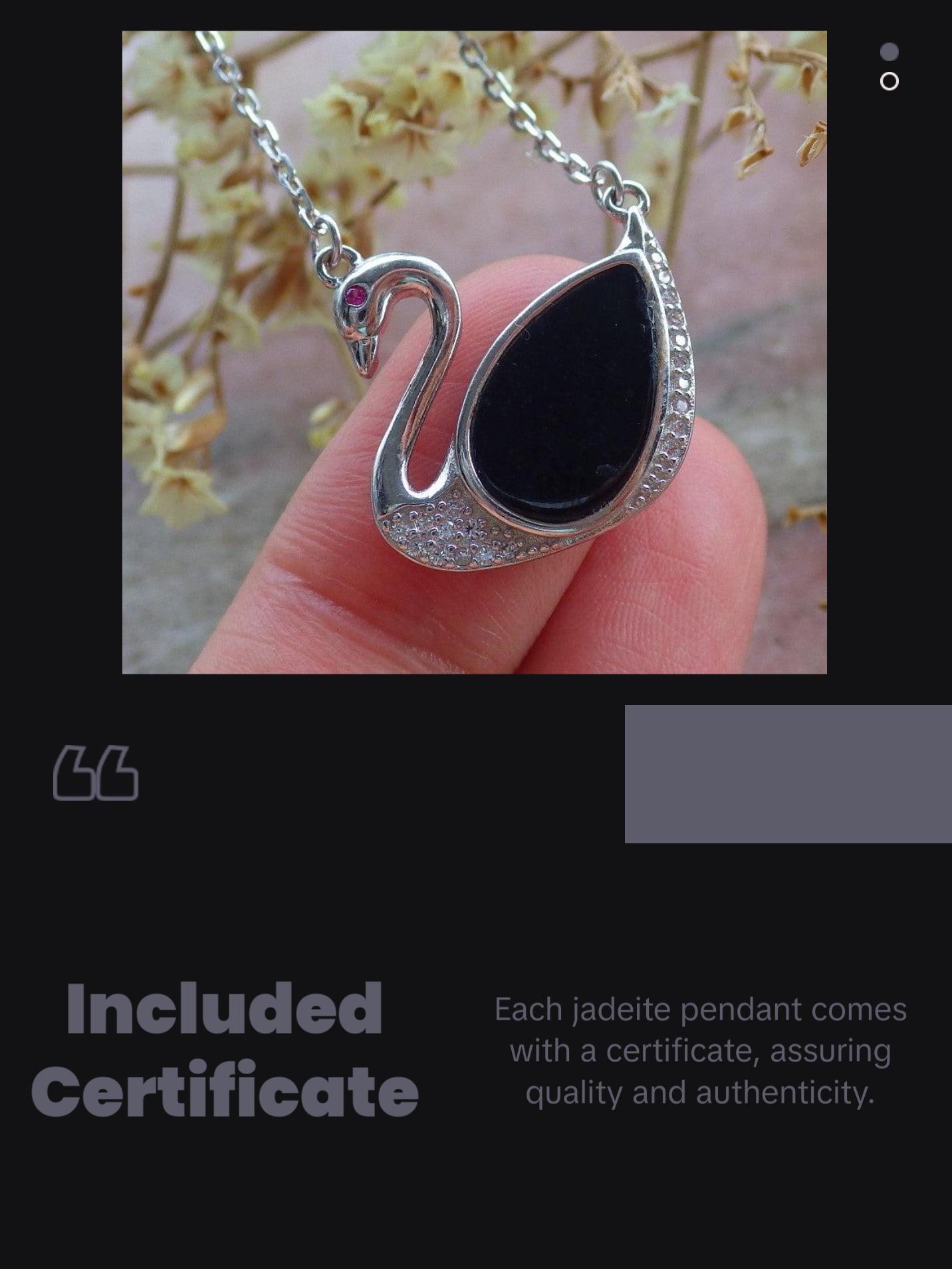 Silver 925 Certified 100% Natural Myanmar Burma A Jade Jadeite Black Dark Green Swan Pendant Necklace