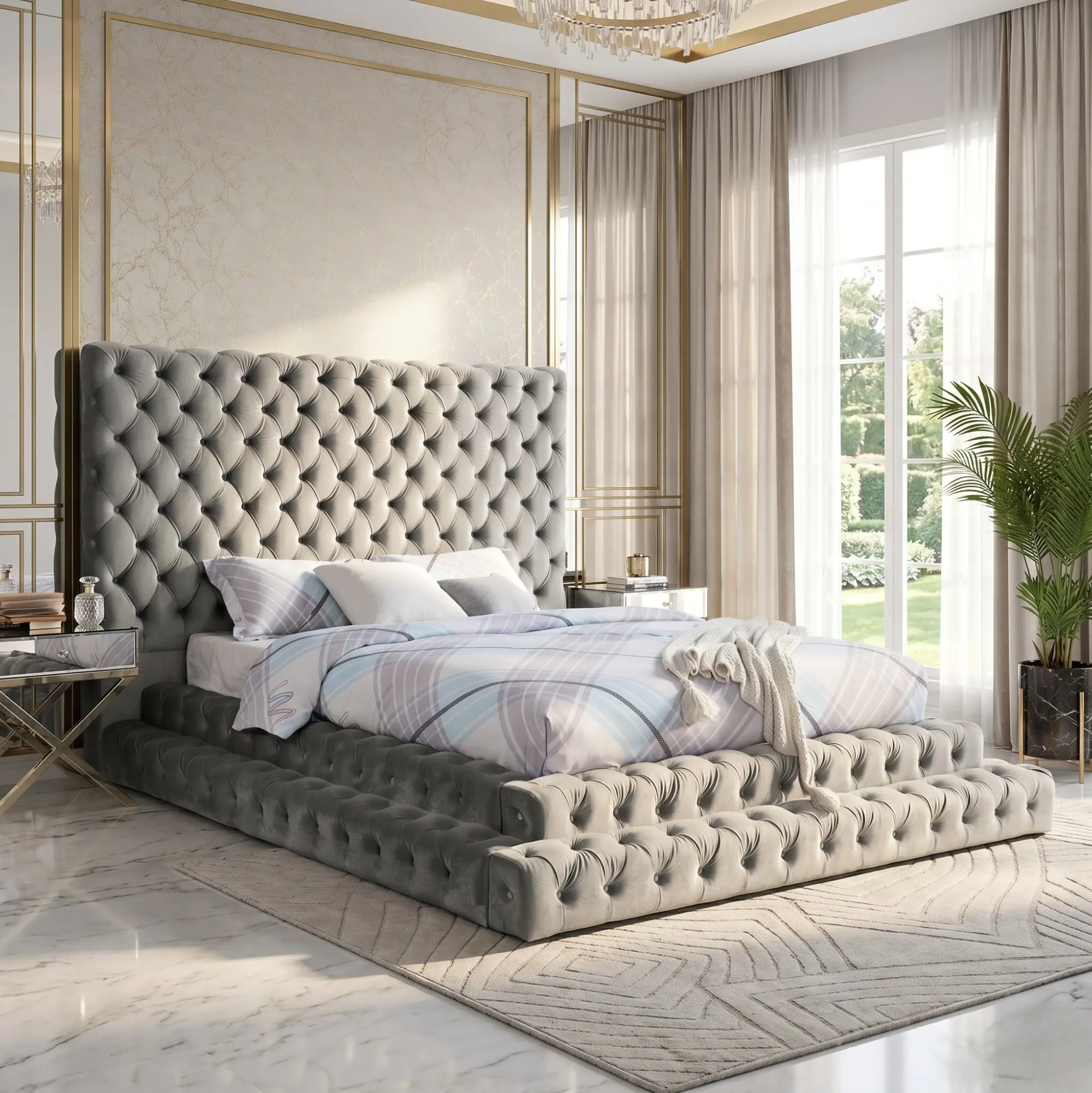 Chateau Glam Platform Bed with Tufted Headboard No Box Spring Needed, Platform Bed Design, Upholstered Bed Platform
