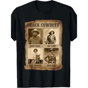 Mens Black Cowboy Western Rodeo T-Shirt Featuring Vintage Design with Legendary Cowboys including John Ware Nat Love Bill Pickett and Isom Dart Comfortable Crew Neck Short Sleeve