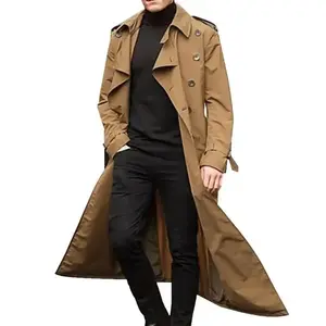 Men's Vintage Long Trench Coat Double-Breasted Polyester Windproof Business Jacket in Black & Beige Casual Outfit