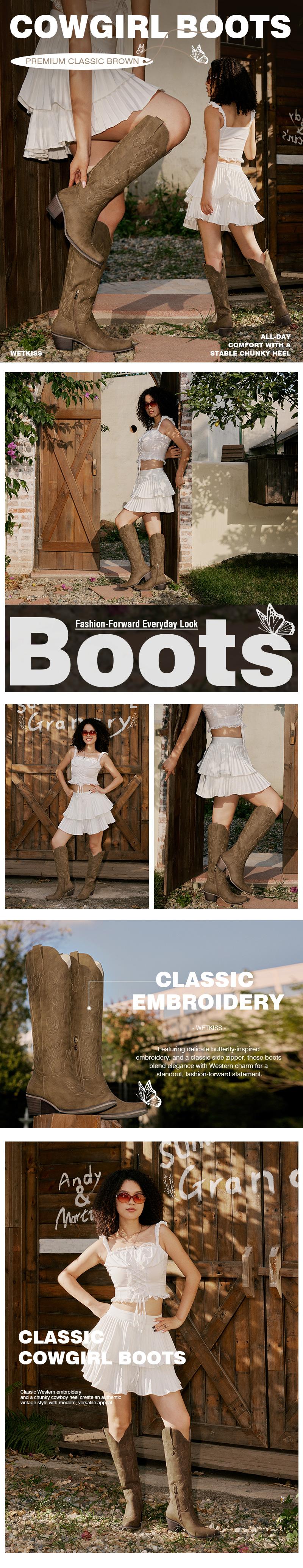 Wetkiss Vintage Western Cowboy Boots with Butterfly Embroidery,Zipper and Chunky Heel for Chic Everyday Look,Women's Shoes,Women's Boots #TikTokShopSpringGlowUp #greenish