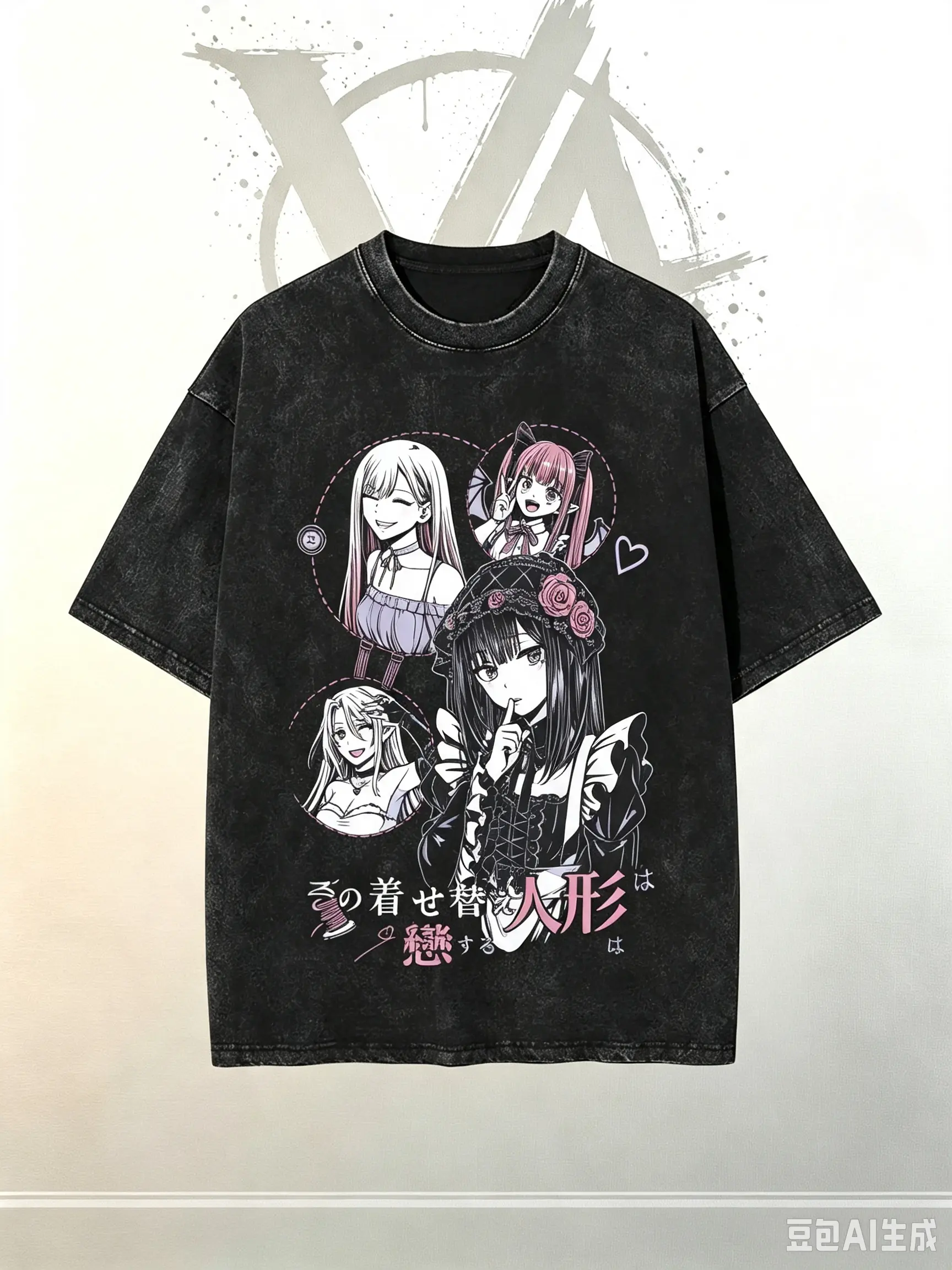 [AVT] My Dress-Up Darling Marin Kitagawa Graphic Art Unisex Fit Cotton Round Neck T-Shirt - Casual Double-Side Printing Anime Merch, Vintage Washed Harajuku Streetwear, Acid Gymwear