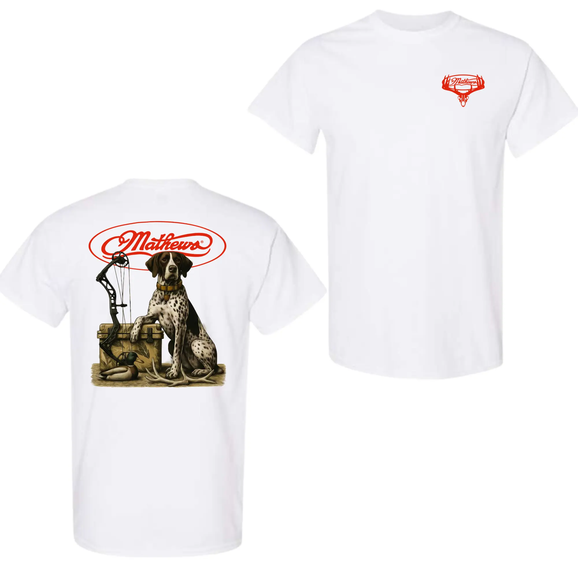 Mathews Archery Hunting Dog GSP Graphic Tee - Vintage German Shorthaired Pointer & Compound Bow T-Shirt - Retro Outdoor Hunter Graphic Tee, Shortsleeve, basic tops, Fabric Cotton, Women's Top, Menswear Top, Gifs, Streetwear