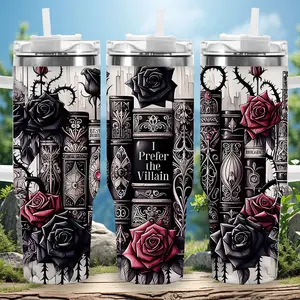 1pc 40oz Gothic Rose and Book Tumbler with Lid, Insulated Travel Mug, Gift for Women Men, Ideal for Halloween, Independence Day, Memorial Birthday Gift, Coffee Cup, weird stuff