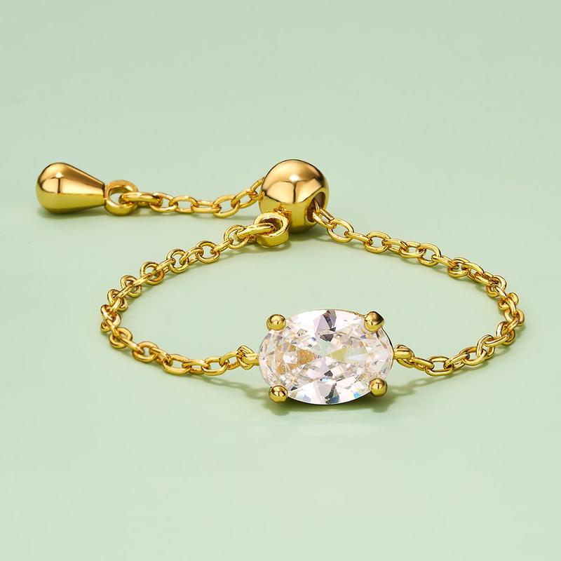 Oufer 14K Gold Plating CZ US Ring Size 3-13 Adjustable Oval  Chain Ring For Women Gift Real Gold Plating