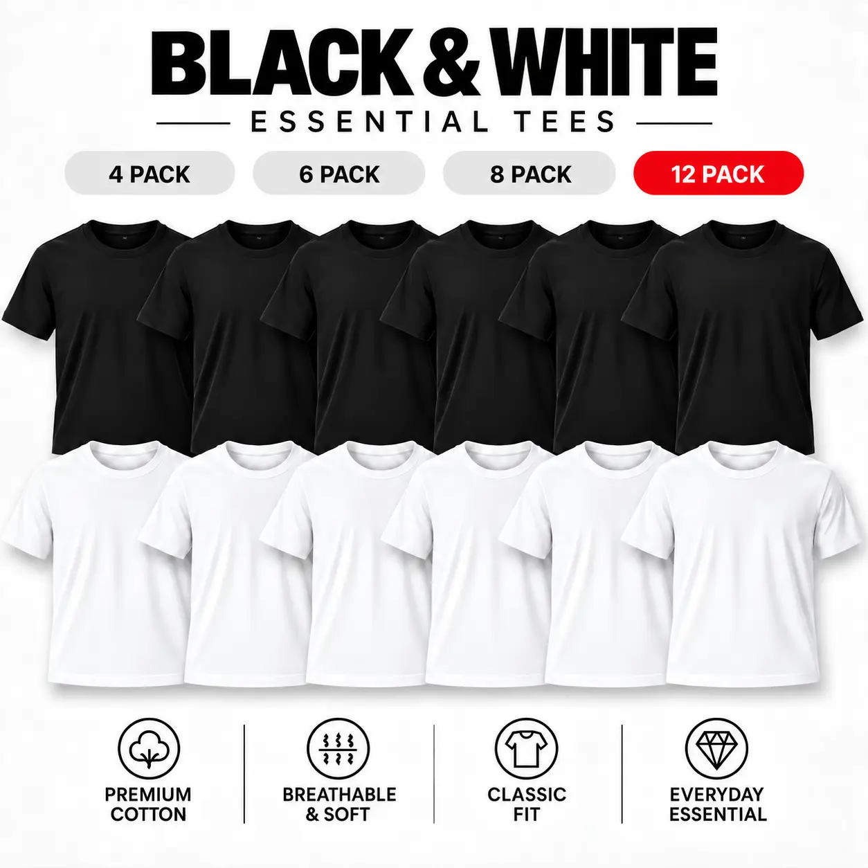 Men's Cotton Blend Vintage Aesthetic Crew Neck T-Shirts - 4/6/8/12 Pack Casual Classic Comfy Minimalist Menswear, Unisex Loose-Fit Baggy Short Sleeve Basic Tops, 6 Black+6 White Streetwear Plain Soft Oversized Apparel, Sohochic Multipack