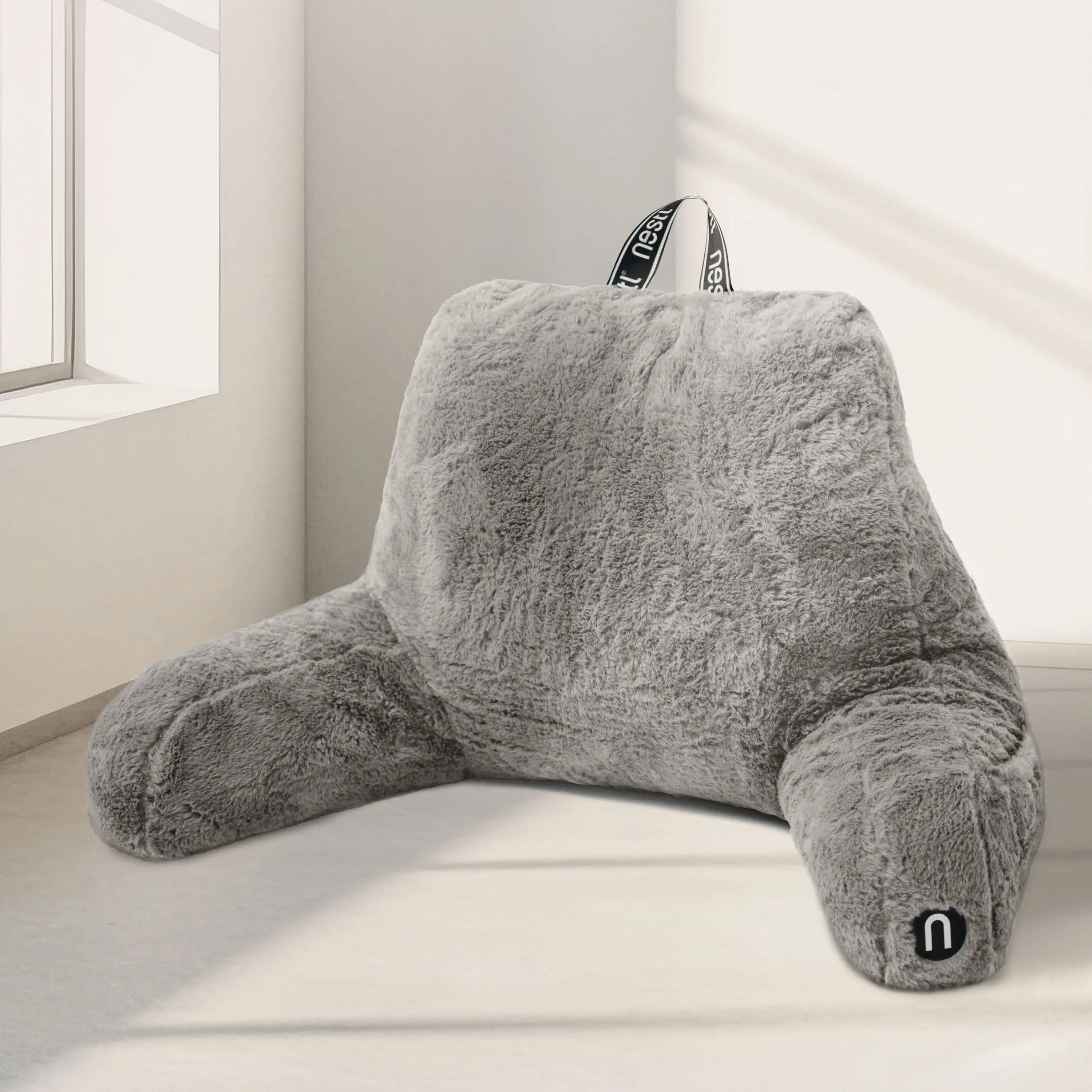 NESTL Faux Fur Reading Pillow with Arms - Soft Memory Foam Padded Backrest, Bed Back Rests for Sitting Up, Adult Support Cushion, Bed Back Rests For Sitting Up In Bed