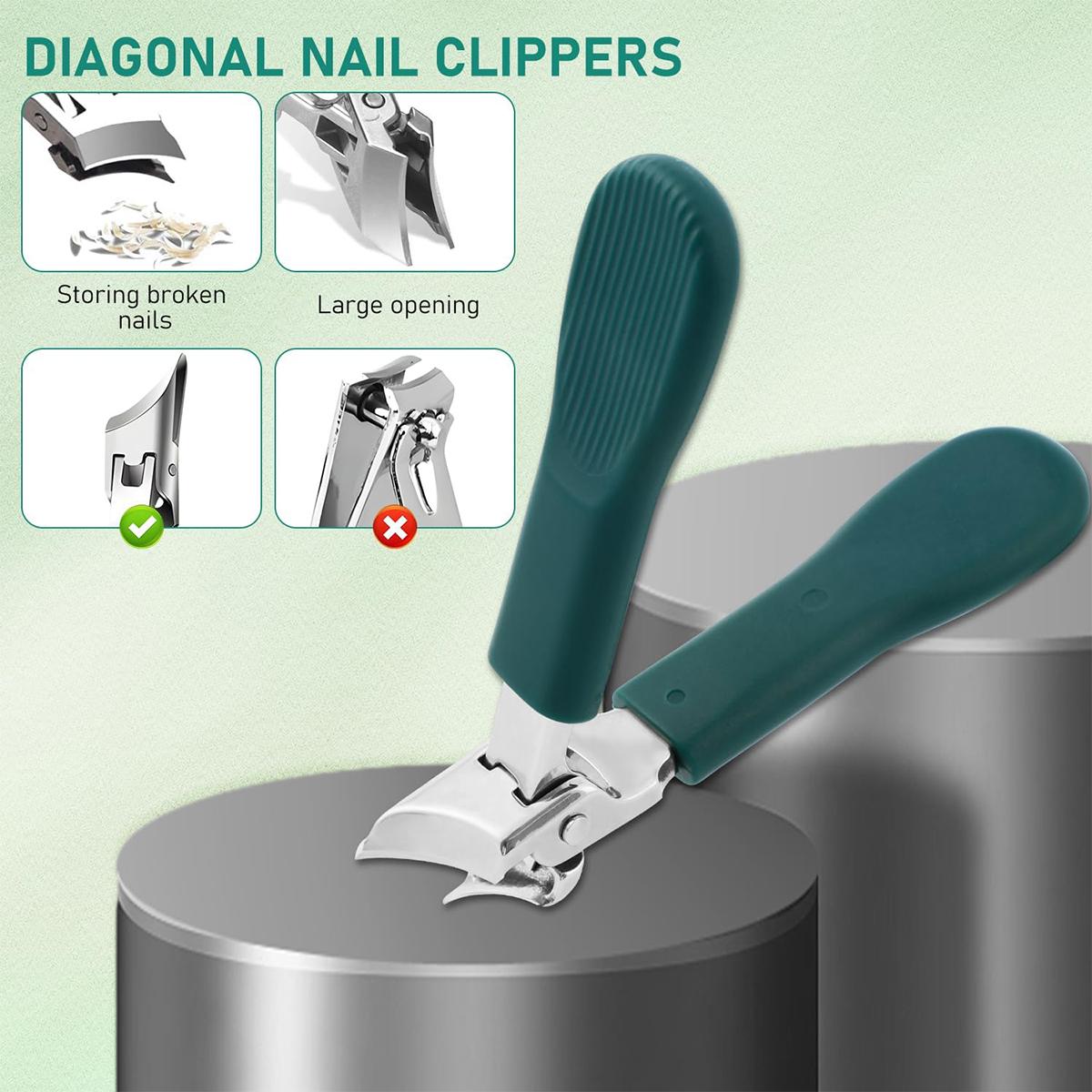 Eagle Beak Beveled Nail Clippers, 3Pcs Wide Jaw Opening Anti-Sp lash Slanted Nail Clipper, Long Handle Wide Jaw Opening Anti-Splash  Slanted Edge Nail Clipper for Thick Nails, Seniors & Ingrown Care(Green)