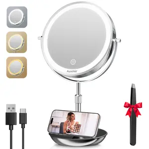 Auxmir 9" Large Lighted Makeup Mirror with Magnification, 1X/30X Double Sided Magnifying Mirror with Adjustable Height, Rechargeable Vanity Mirror with 3 Color Dimmable Lights, 360° Rotation
