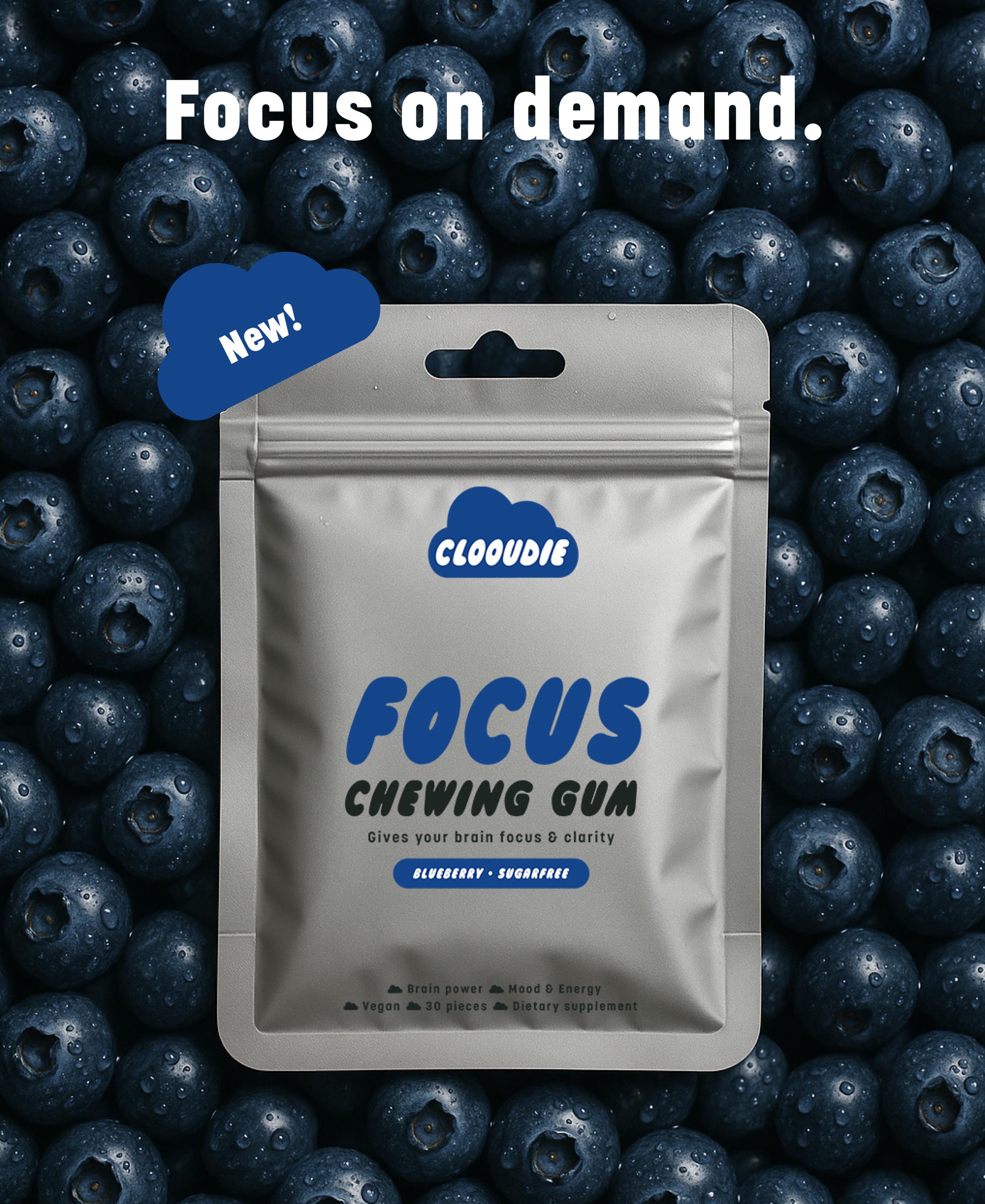 Clooudie Focus Chewing Gum, Blueberry Flavor, 30 Gum, Activate Focus & Clarity, Refresh Brain Power, Support Mood & Energy, Vegan & Non-GMO, Sugar Free