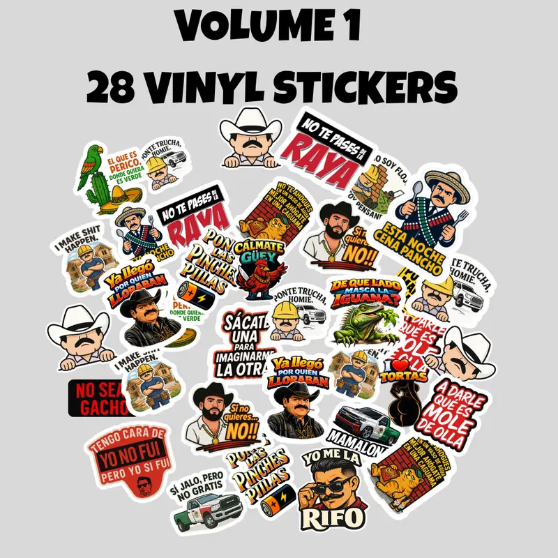 Volume 1 Stickers, 28 funny vinyl stickers, Spanish Phrases Mexican Parody Die-Cut28 PACK for Laptops Car Bumpers Flat Surfaces Tool Boxes Lunch Boxes
