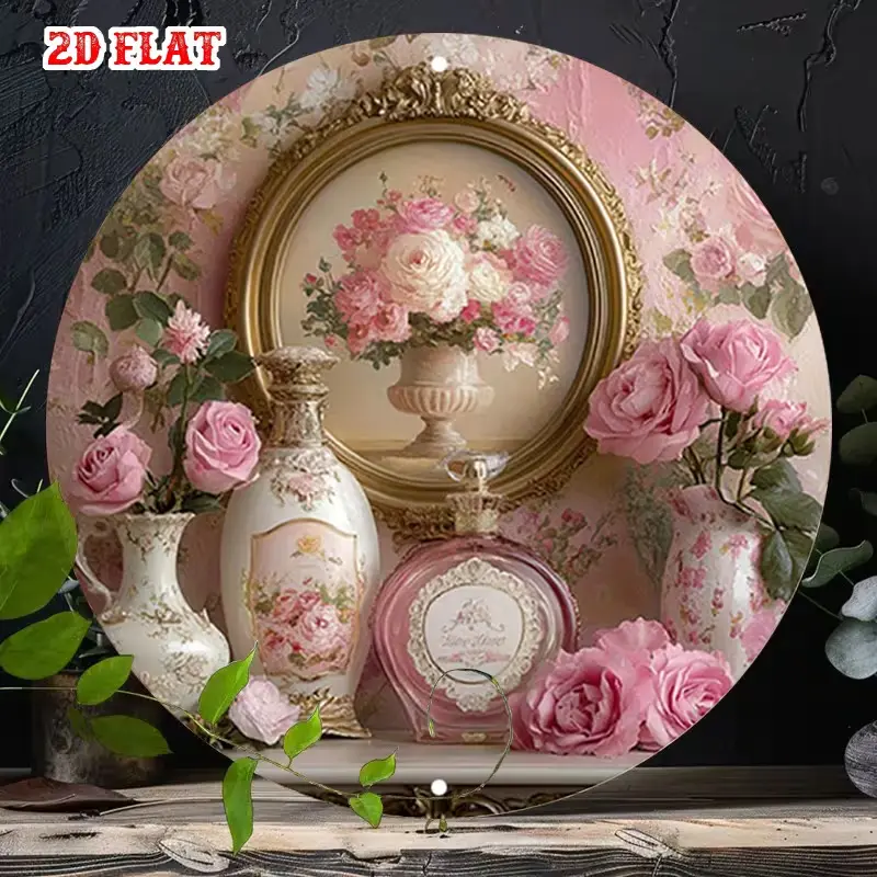 Casual Aluminum Decorative Round Metal Tin Sign, Coquette Soft Pink Rose Vintage Perfume Bottle Design, Gold Ornate Frame, Antique Porcelain Design, Shabby Chic Wall Plaque for French Cottage Bedrooms, Grandmillennial Romantic Vanity Gift, Home Decor Aest