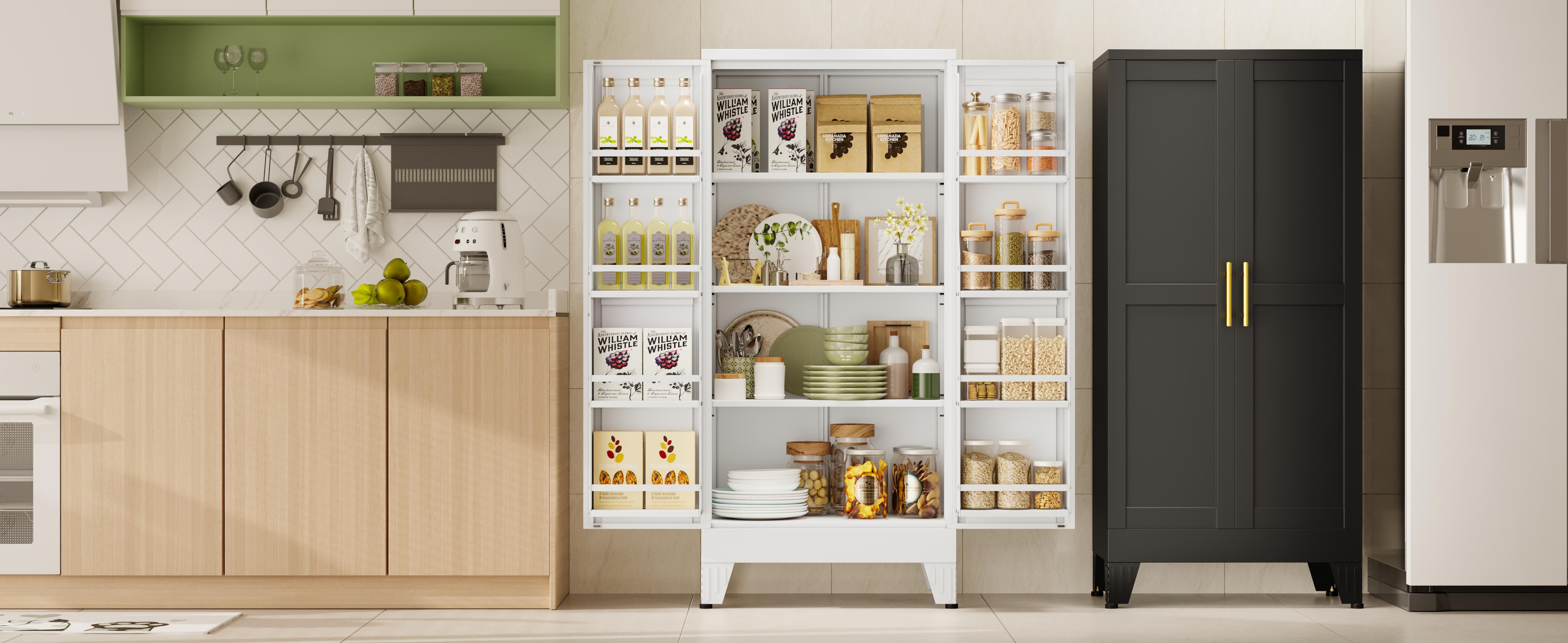 Metal Kitchen Pantry Cabinet,47.24“ Tall Storage Cabinet with 2 Doors, Cupboard with 8 Hanging Shelves and Adjustable Shelves for Kitchen, Dining Room mothersdaygift White Aesthetic