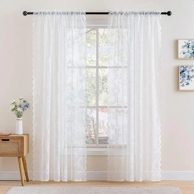 2-Panel Vintage Boho Lace Door Curtain, Rose Embroidery Breathable Sheer Filter Drape, Floral Accent Curtains, Home Decor Items for Wedding Events