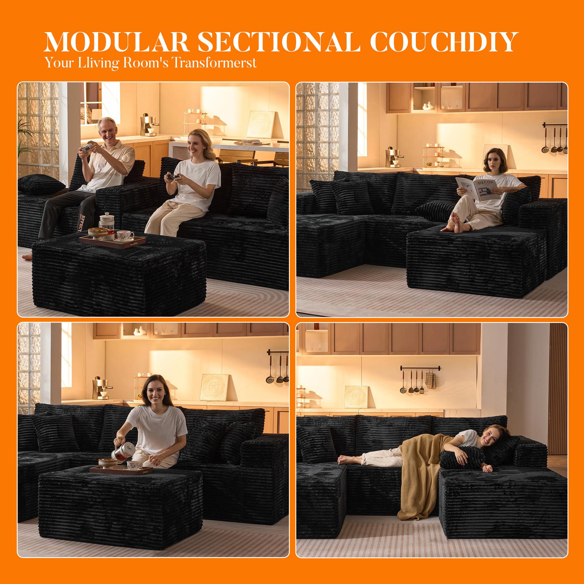 【Black Friday & Cyber Monday Deal】3 Packages Shipping OOSWIFT 108“Modern Boneless Couch Cloud Modular Sectional Sofa With Removable Ottomans & Chaise - Plush Corduroy , Deep Seat, Upholstered Couches, No Assembly Required for Living Room