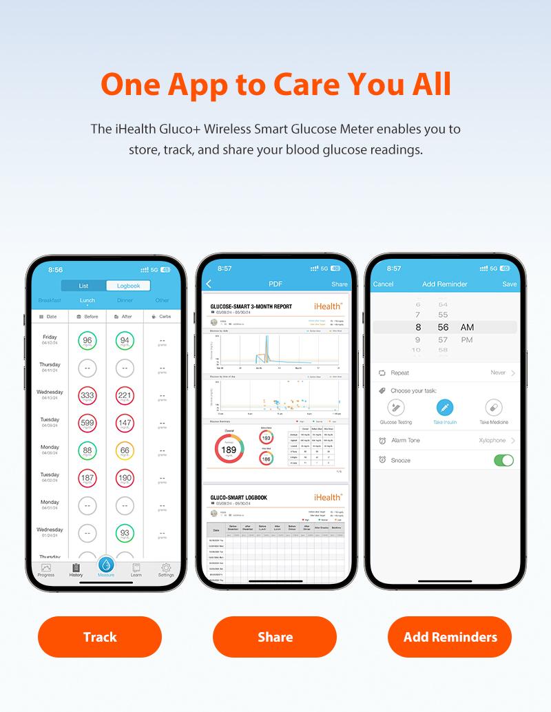 iHealth Blood Sugar Monitor Portable Glucose Meter Free App Finger Glucose Test Diabetes Accessories Strips Lancets Lancing Device Healthcare Kit