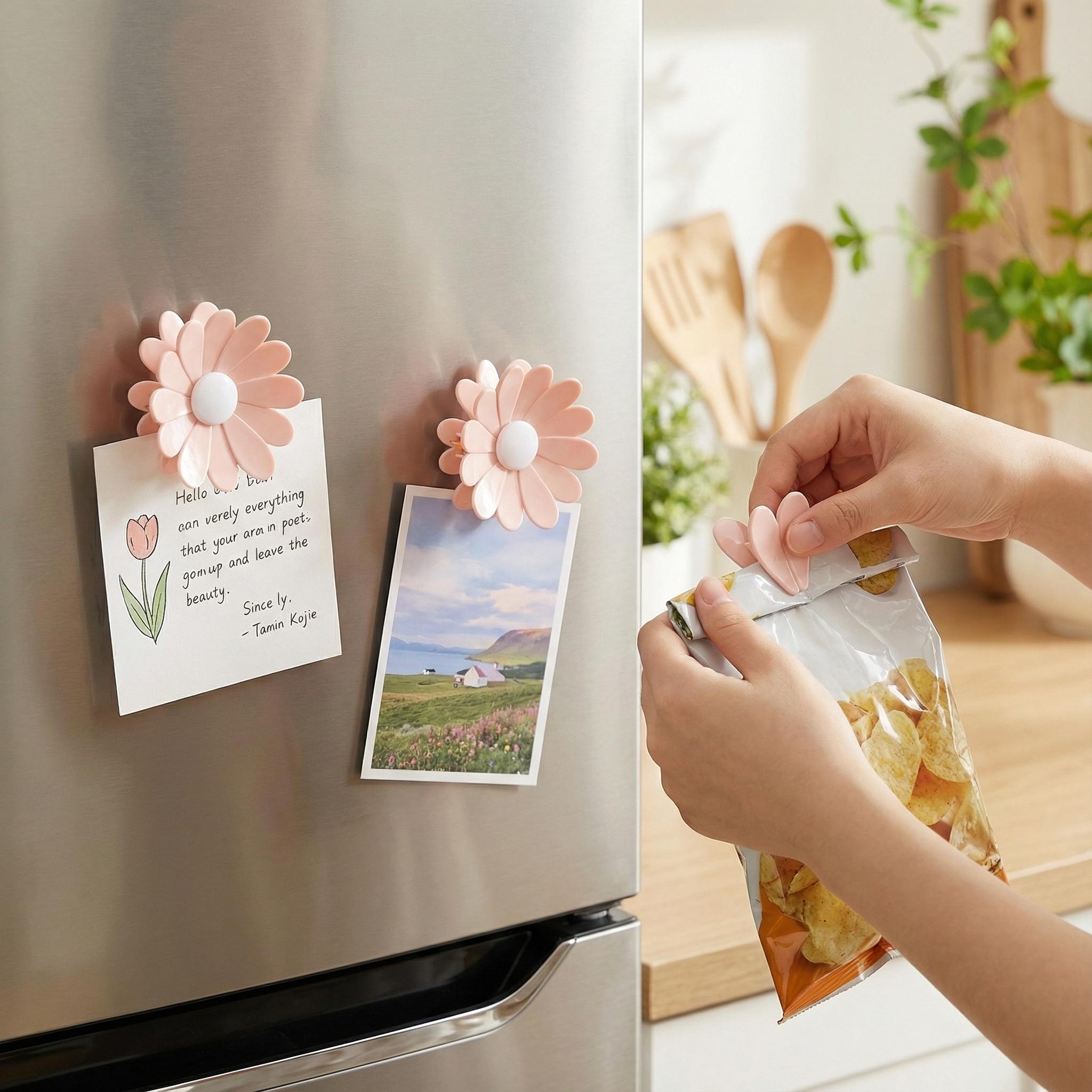 1 Count Magnetic Chip Clips for Refrigerator, 2-in-1 Food Bag Clips & Fridge Magnets,Daisy Shaped Decorative Refrigerator Magnets Clip for Kitchen Food Storage and Fridge Decor