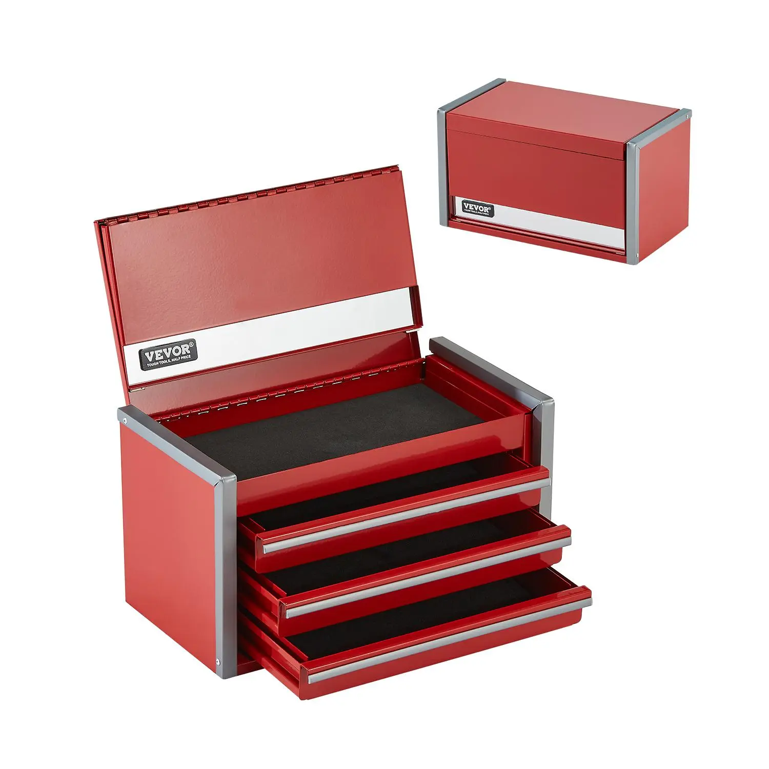 【Summerfinds】VEVOR Metal Tool Box 8.6-inchPortable Metal Tool Box with 3 DrawersSmall Tool Chest with EVA Liners and PP Feet PadsHeavy-Duty Steel With Ball Bearing Opening and Powder Coated FinishRed