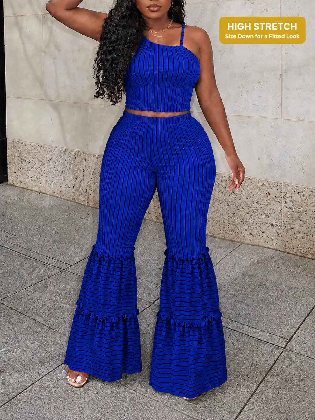 Women Casual Two Piece Set Striped Spaghetti Strap Crop Top High Waisted Ruffle Flare Pants Set Summer Vacation Beach Going Out Outfit Lounge Set, Women's Clothes, Outfits