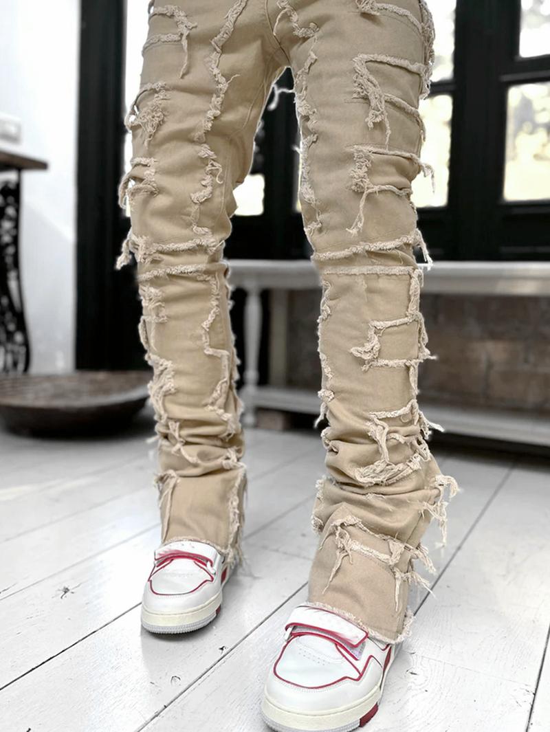 Men Stylish Vintage Khaki Stacked Spliced Slim Flared Jeans Pants Streetwear Hiphop Male Straight Biker Denim Trousers