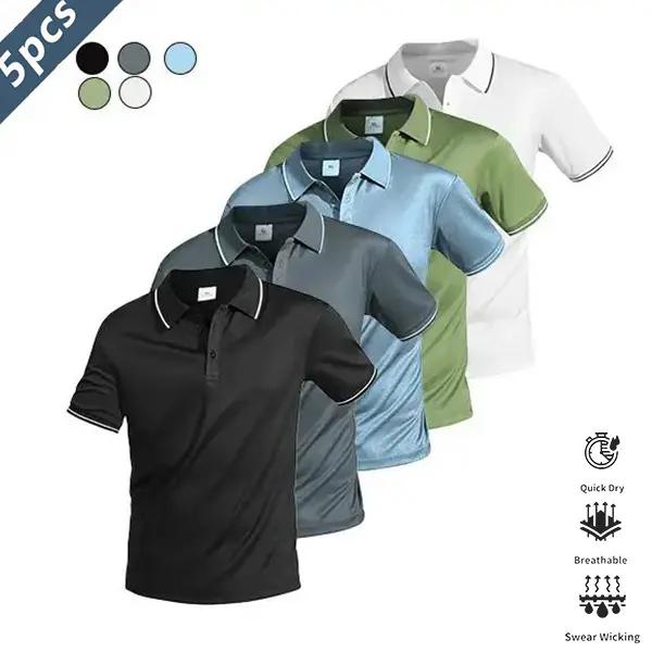Five-piece men’s casual short-sleeve polo set—quick-dry golf and tennis shirts, comfortable riding wear, stylish men’s sportswear—ideal for casual gatherings, vacations, and travel; contrast color design at the neckline and cuffs.